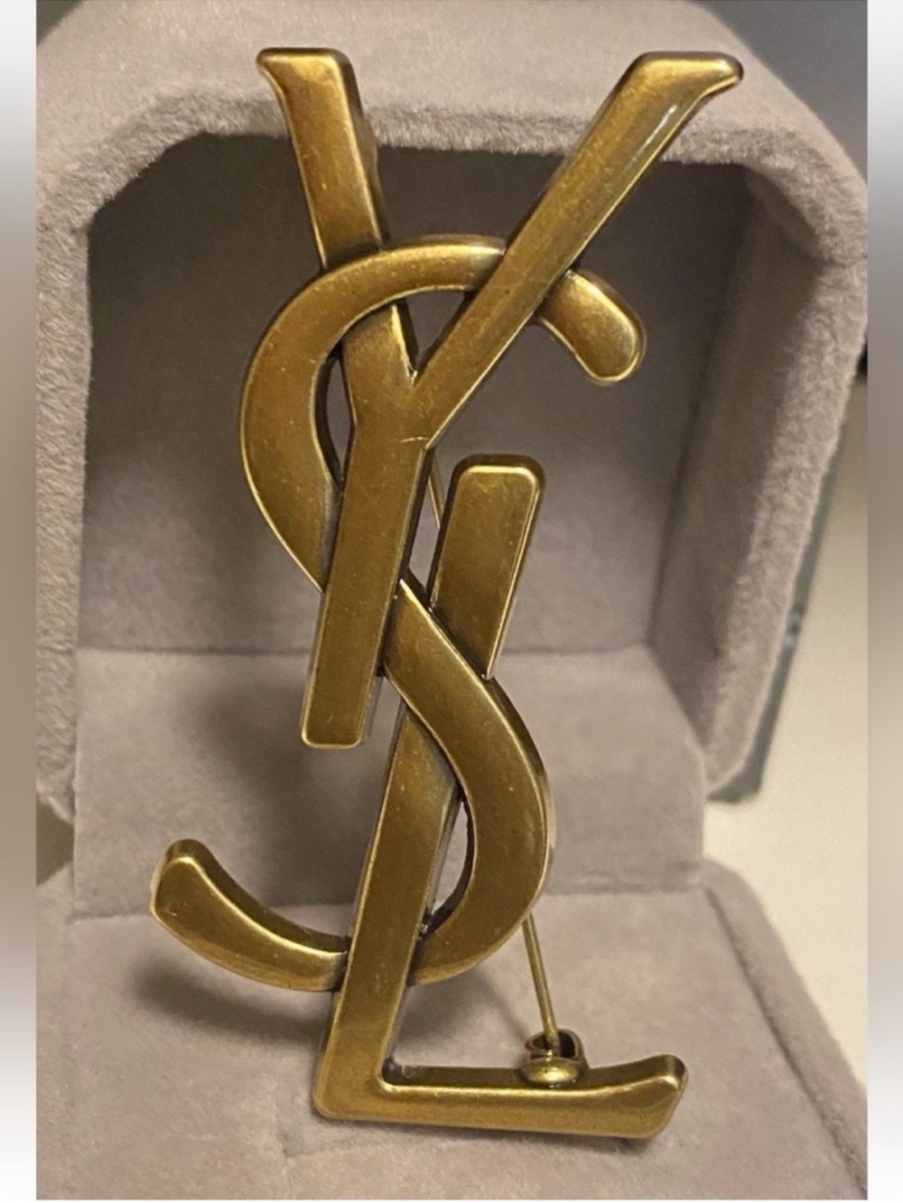Yves Saint Laurent Antique Gold YSL Logo Pin Brooch unisex